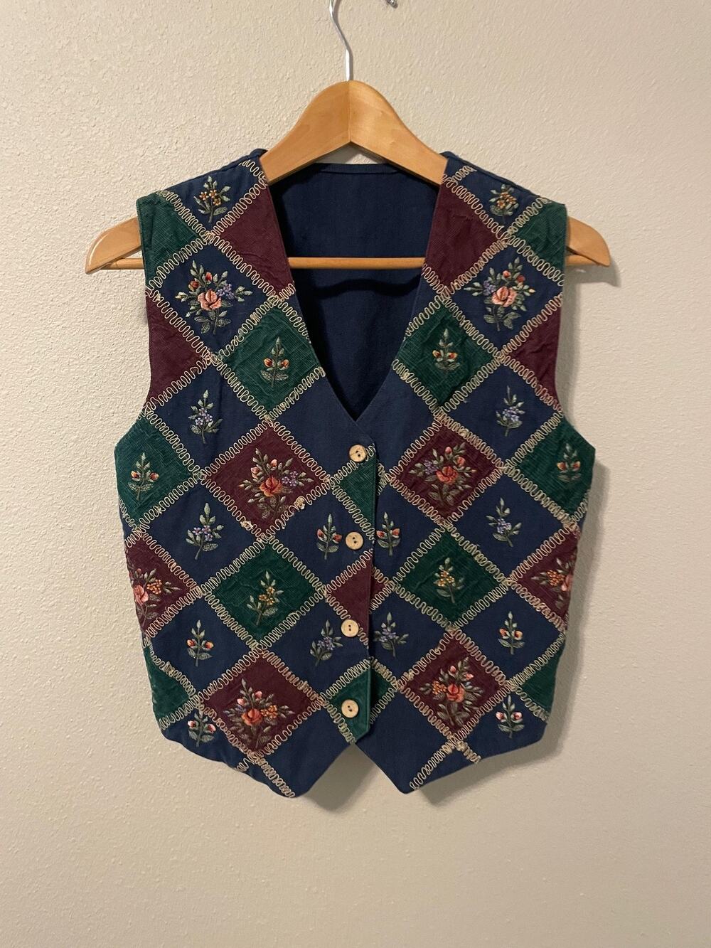 VTG Corduroy Floral Vest Womens Small Blue Embroidered Patchwork Button Boho